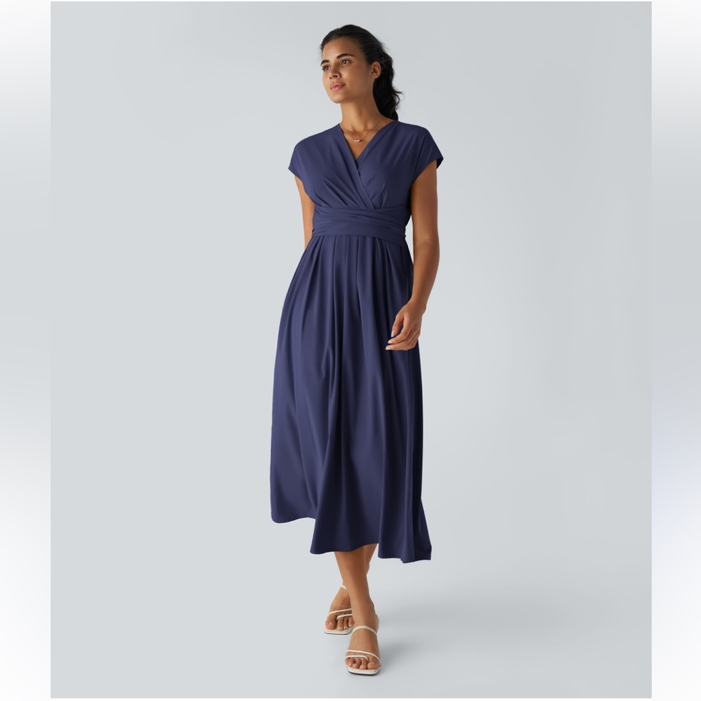 HALARA Breezeful V-Neck Short Sleeve Tie Midi Dress‎ Small Navy Blue